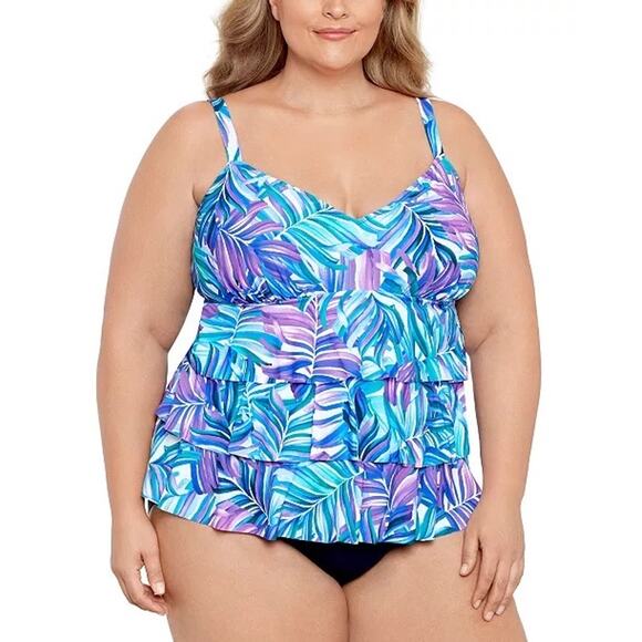 Swim Solutions Leaf Pattern One Piece Swimsuit Multicolor Women Plus Sz 24W NWT - Picture 1 of 8
